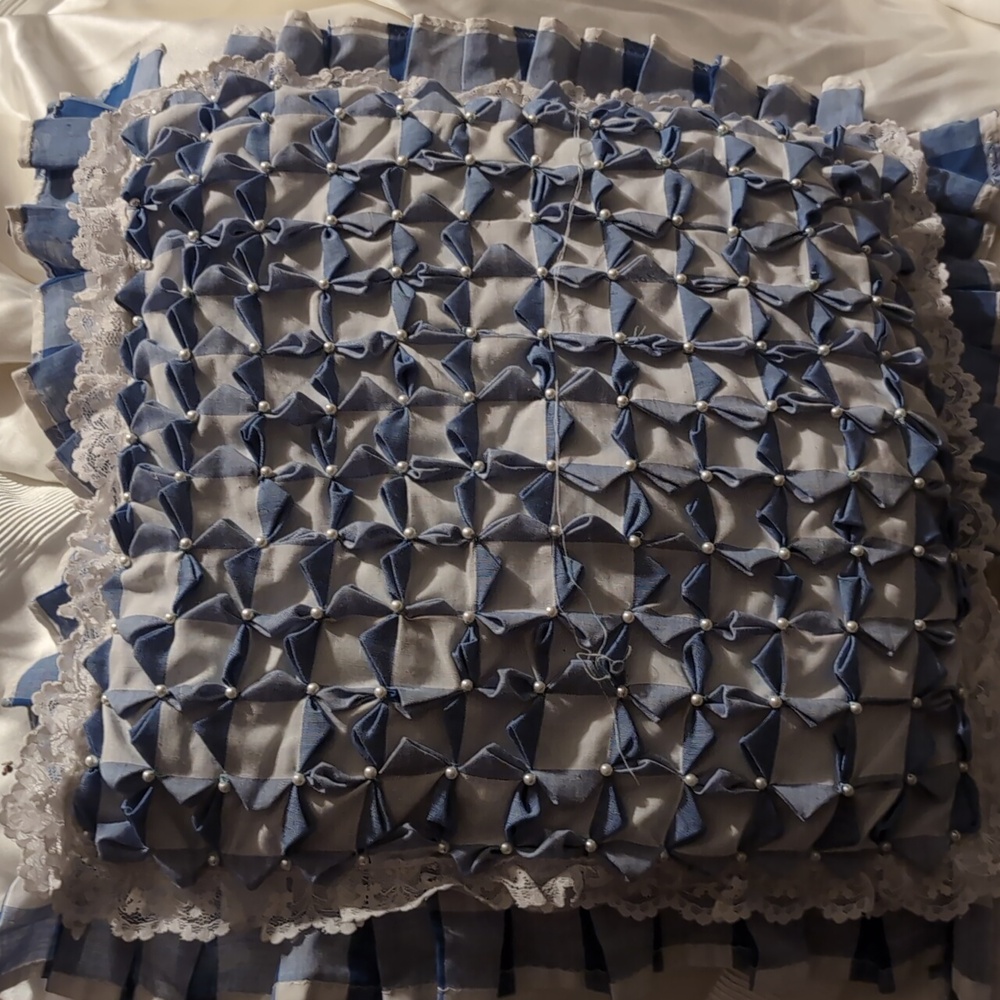 Vintage hand-stitched pillow with beautiful ruffles and little pearls